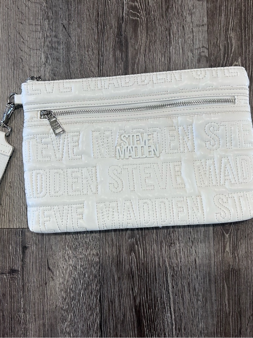 Steve Madden White Embossed Logo Wristlet Clutch